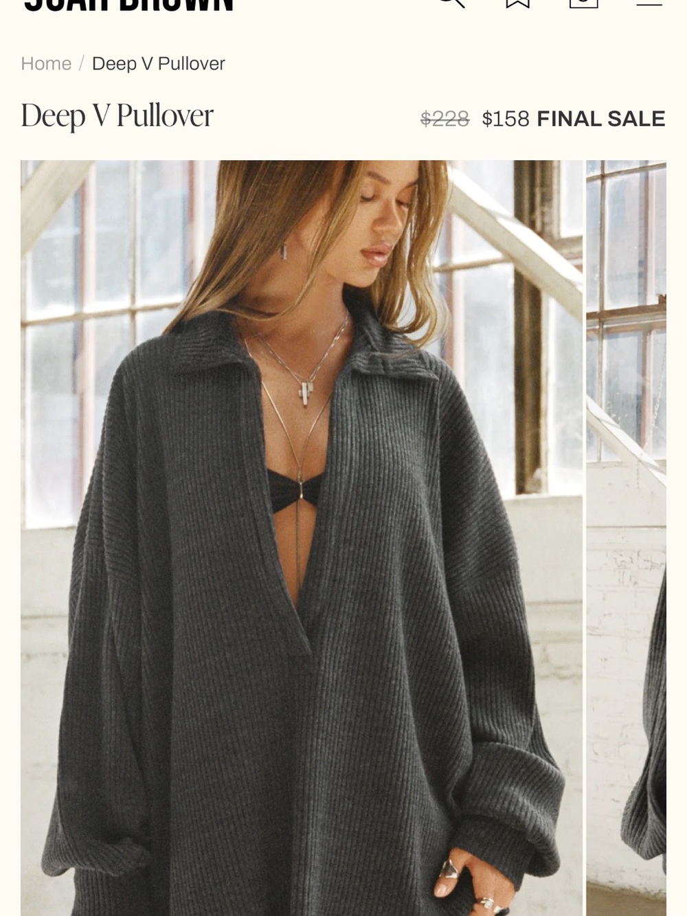 Joah Brown Oversized Deep V Pullover - Charcoal